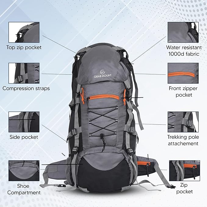 65L Rucksack Travel Backpack for Hiking/Camping/Luggage, Trekking Bag with Shoe Compartment, Extra Durable Water-Resistant Bag with Rain Cover
